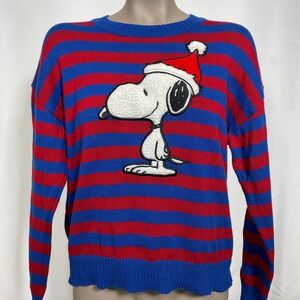 Peanuts Snoopy Blue Red Striped Santa Hat Christmas Sweater Women's XL